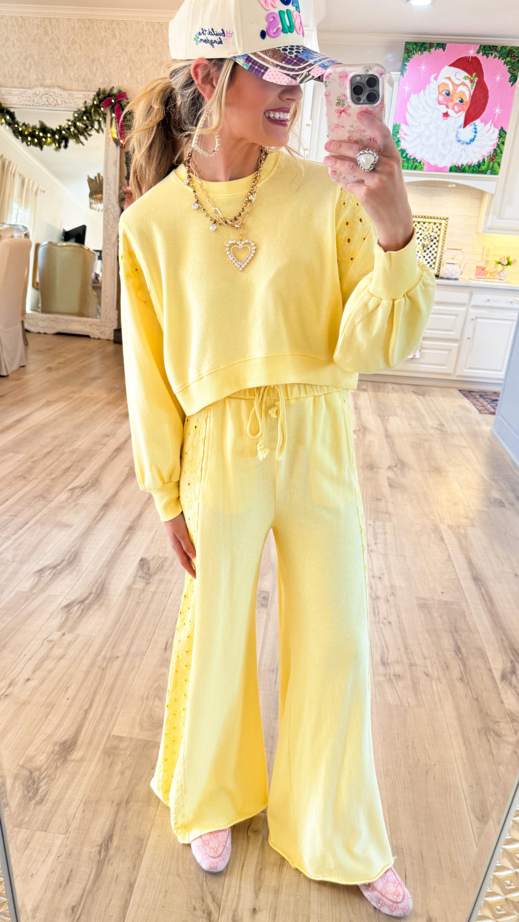 Yellow Eyelet Sweatshirt Wide Leg Set