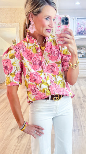 Pink Floral Print Puff Sleeve Top