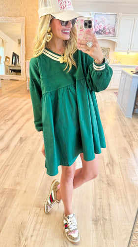 Green Varsity Flare Babydoll Dress