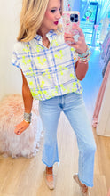 Blue Plaid Embroidered Button Up Top