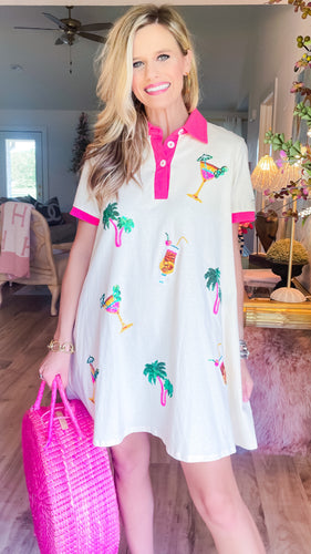 Off White and Pink Cocktail and Palm Tree Sequin Dress