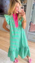 Green Gingham Flutter Sleeve Midi Dress