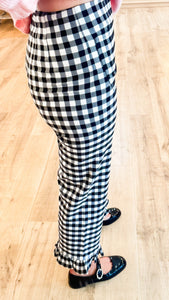 Black Gingham Straight Leg Ruffle Hem Pants