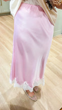 Pink Satin Lace Trim Midi Skirt