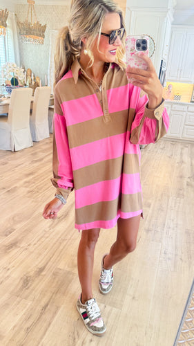 Pink and Mocha Wide Striped Oversized Dress