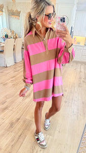Pink and Mocha Wide Striped Oversized Dress