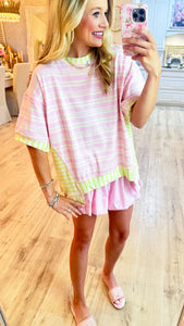 Pink & Lime Stripe Colorblock Top
