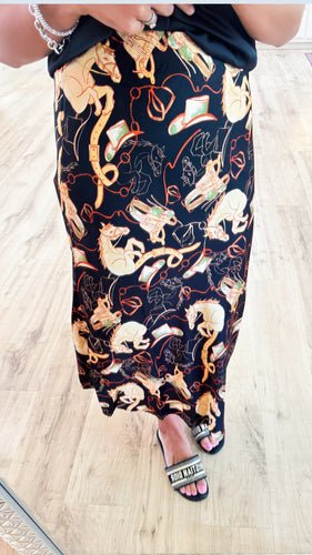 Black Horse Print Midi Slip Skirt