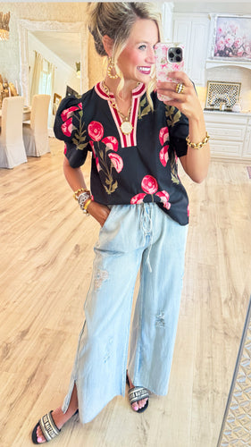 Black Floral Print Puff Sleeve Top