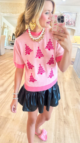 Pink Christmas Tree Short Sleeve Sweater