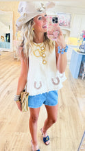 Horseshoe Embroidered Frayed Hem Top