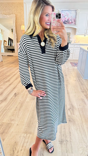 Black and Ivory Striped Knit Oversized Long Dress