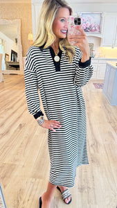 Black and Ivory Striped Knit Oversized Long Dress