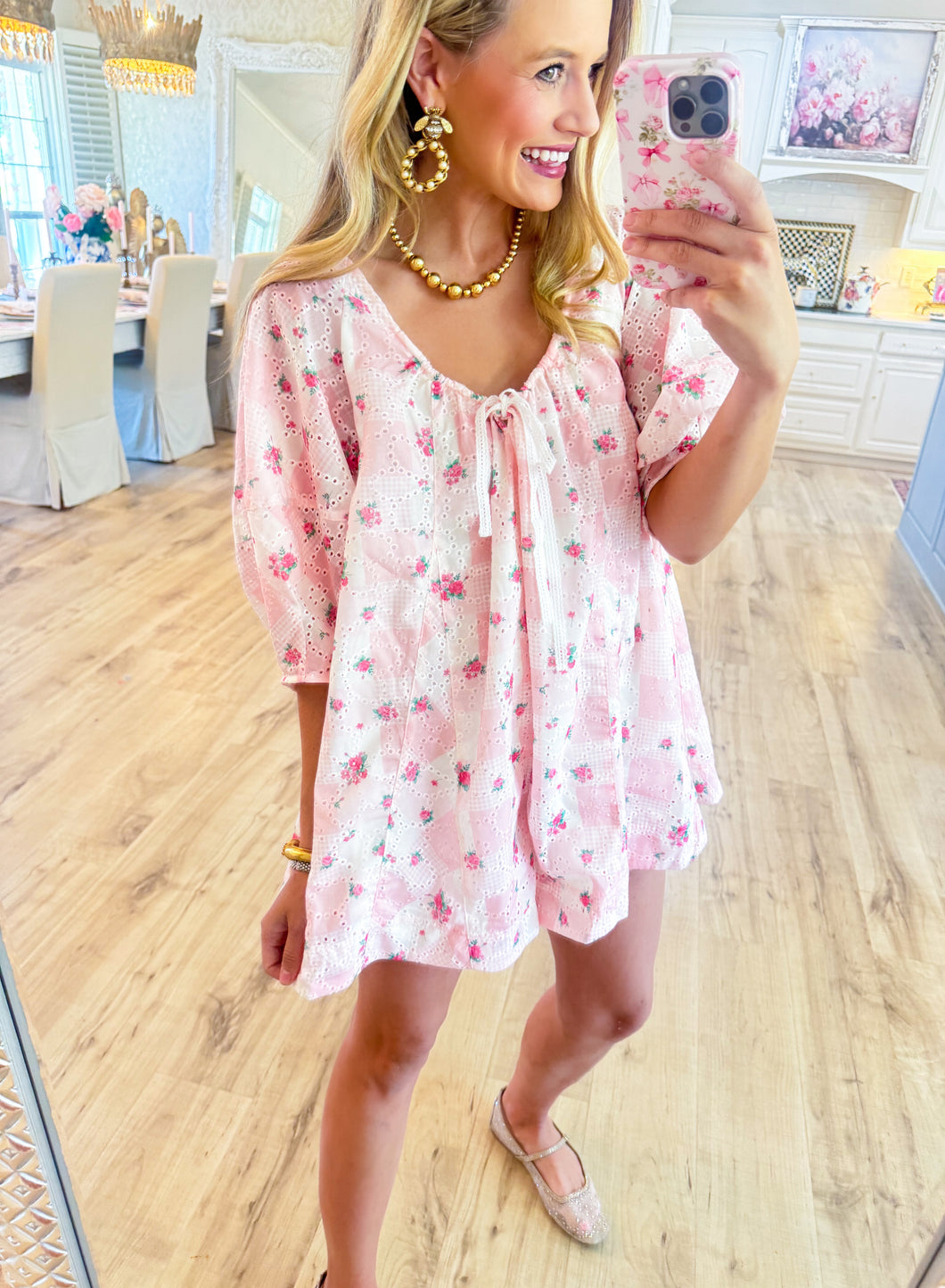Light Pink Floral Gingham Eyelet Romper