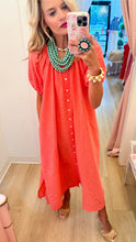Coral Checkered Puff Sleeve Midi Dress
