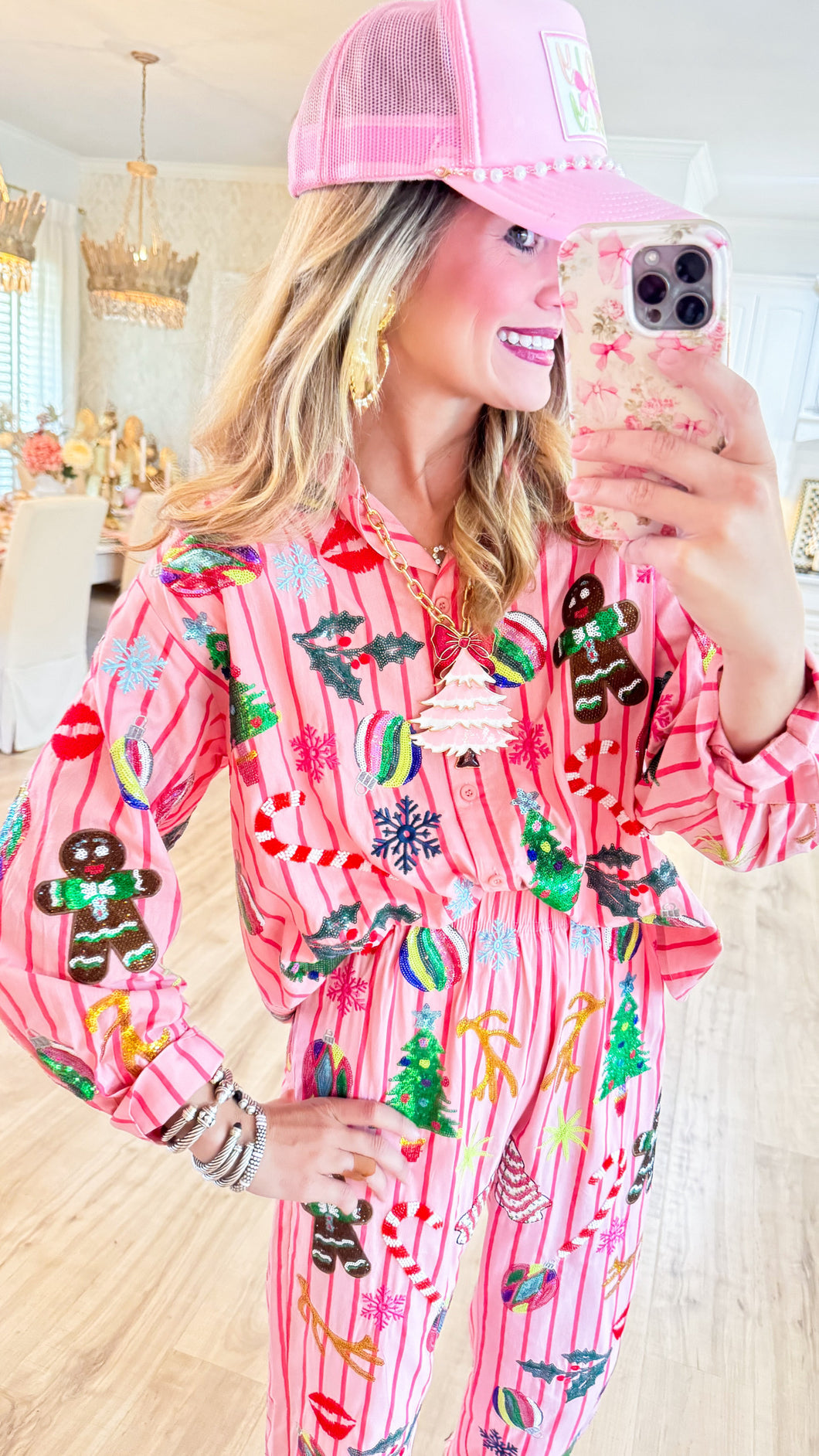 Queen of Sparkle Pink and Red Stripe Christmas Icon Cotton Top