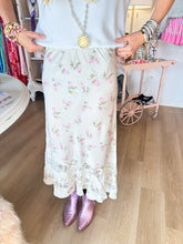 Ivory and Pink Floral Lace Trim Maxi Skirt