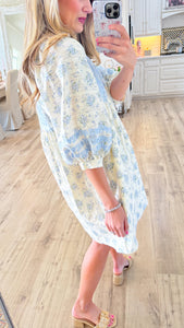 White and Blue Floral Embroidery Mini Dress