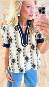 Off White and Navy Embroidered Top