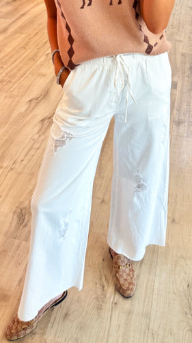 White Distressed Wide Leg Pants