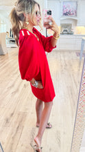 Red Stripe Accent Puff Sleeve Dress