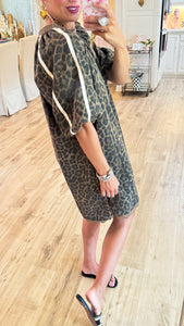 Brown Leopard Puff Sleeve Lace Trim Dress
