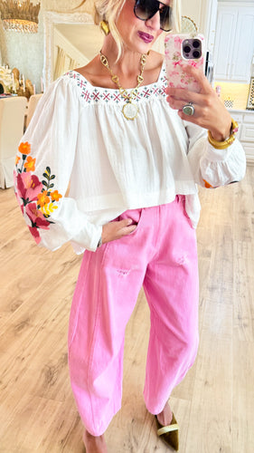 White Embroidered Floral Square Neck Top