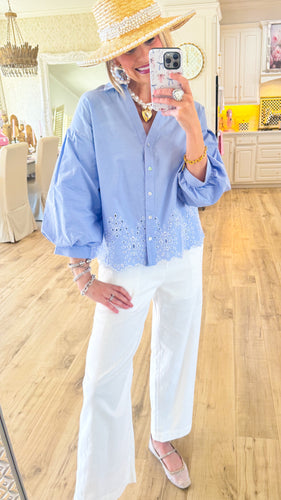 Blue Eyelet Button Up Top