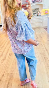 Peri Blue Mixed Print Henley Top