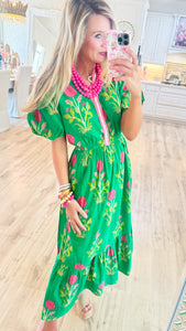 THML Green Floral Puff Sleeve Maxi Dress