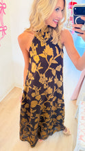 Brown and Gold Metallic Floral Maxi Dress