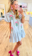 Light Blue Striped Floral Embroidered Dress