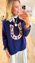 Navy Western Horseshoe Cactus Knit Sweater
