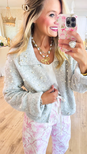 Light Grey Pearl Embellished Sweater Cardigan