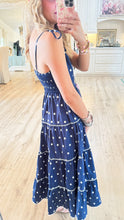 Navy Polka Dot Smocked Midi Dress