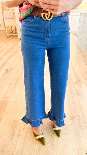 Denim Solid Ruffle Hem Pants