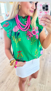 THML Green Flutter Sleeve Floral Top