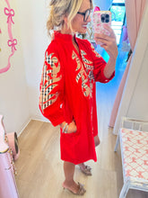 Red and Taupe Accent Embroidered Mini Dress
