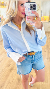 Blue Striped Gold Detailed Long Sleeve Top