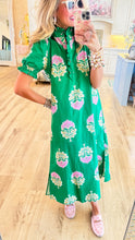 Green Floral Print Ruffle Stand Collar Midi Dress