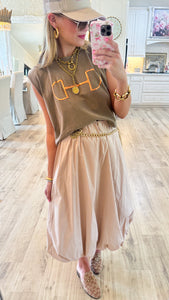Taupe High Waisted Bubble Midi Skirt
