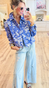 Blue Denim Western Print Cropped Jacket