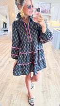 Black and Pink Flower Printed Long Sleeve Mini Dress