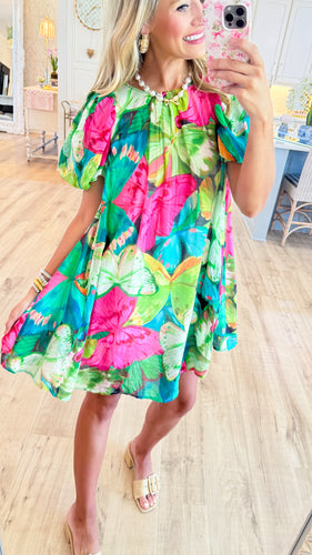 Green Mix Tropical Print Mini Dress