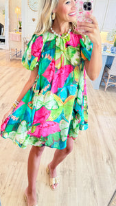 Green Mix Tropical Print Mini Dress