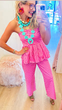 Pink Checkered Strapless Peplum Top