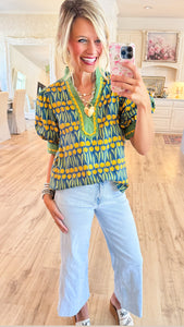 Teal Tulip Printed Puff Sleeve Top