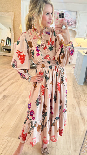 Tan Floral Mix Midi Dress