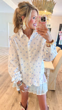 White and Blue Polka Dot Ruffle Sleeve Top