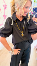 Black Rhinestone Embellishment Puff Sleeve Top